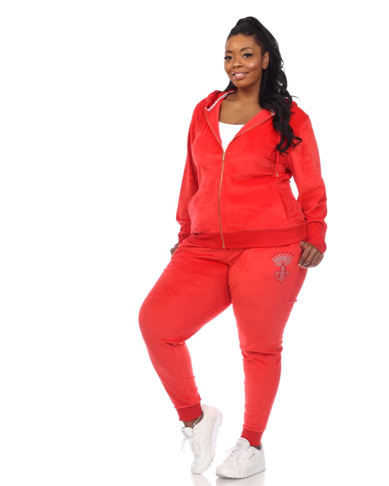 Front of a model wearing a size 2X Rhinestone 2 Piece Velour Tracksuit Set in Red by White Mark. | dia_product_style_image_id:247843